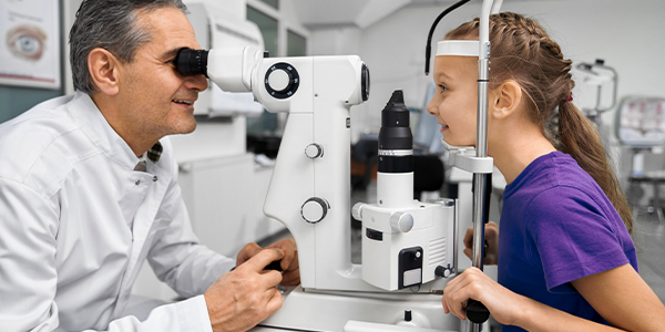 Médico oftalmologista examinando paciente criança para depois anotar os registros no prontuário eletrônico personalizável.