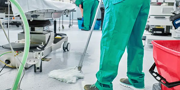 Profissional da limpeza de equipe médica higienizando o chão de sala de atendimento.