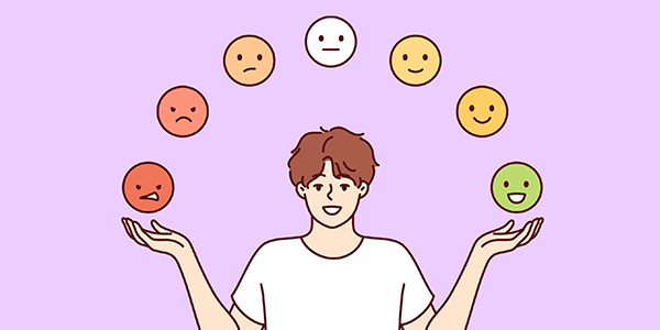 ilustração de garoto com emojis de níveis de satisfação sobre sua cabeça