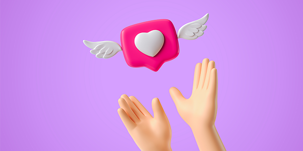 Desenho de ícone de curtidas no Instagram com asas em fundo roxo sendo alcançado por duas mãos