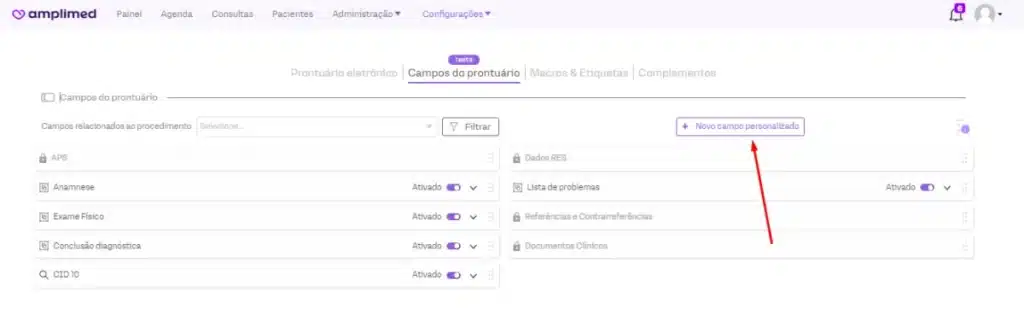 Tela para criar campo personalizado no prontuário