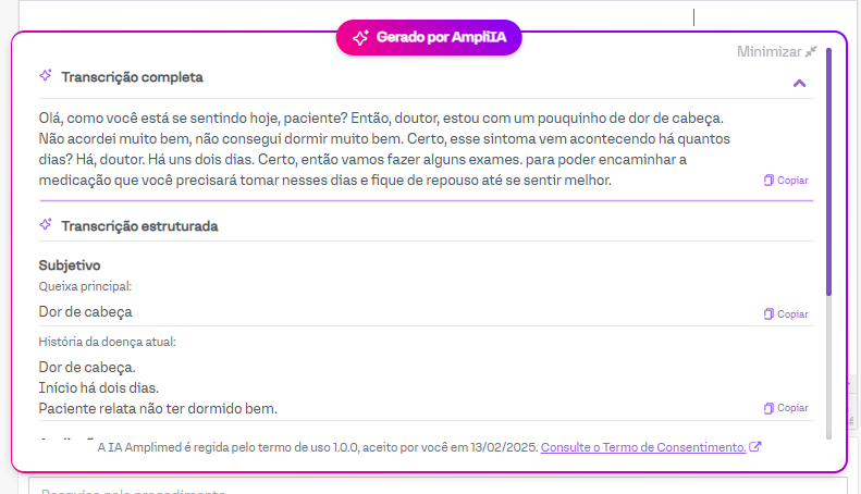 Prontuário com IA gerado a partir de transcrição médica