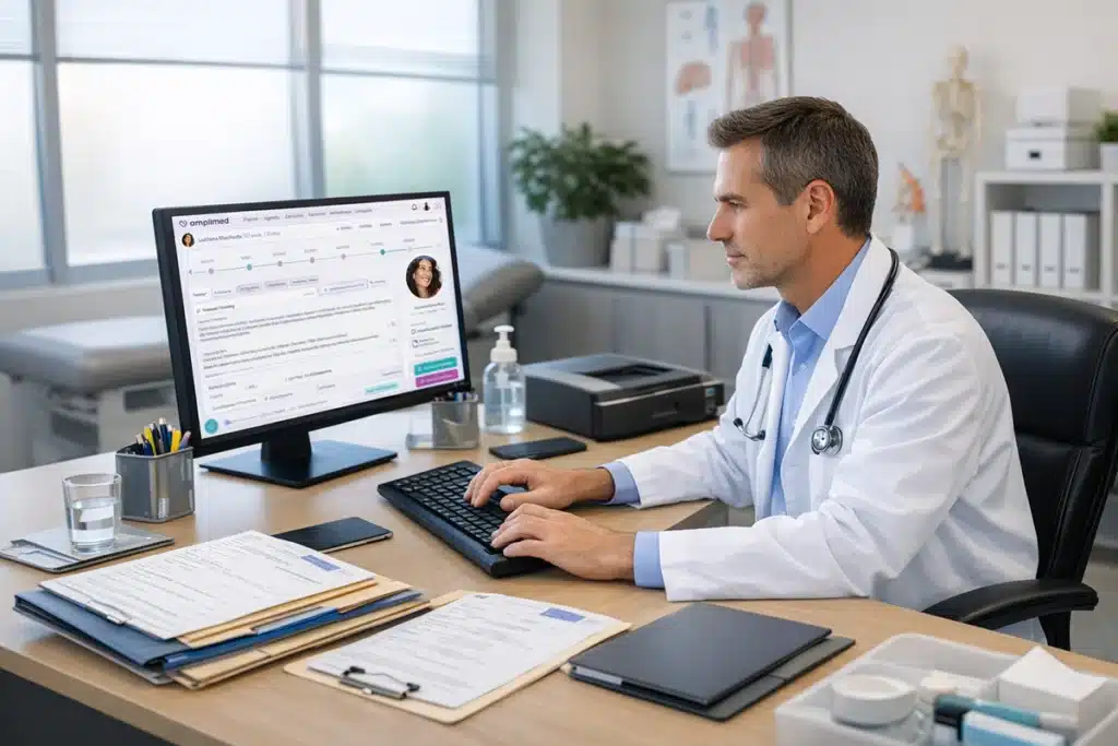 Médico no computador, usando o sistema Amplimed, que ajuda a garantir uma boa prática médica