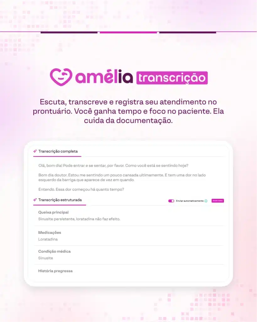 Interface ilustrativa de transcrição médica estruturada