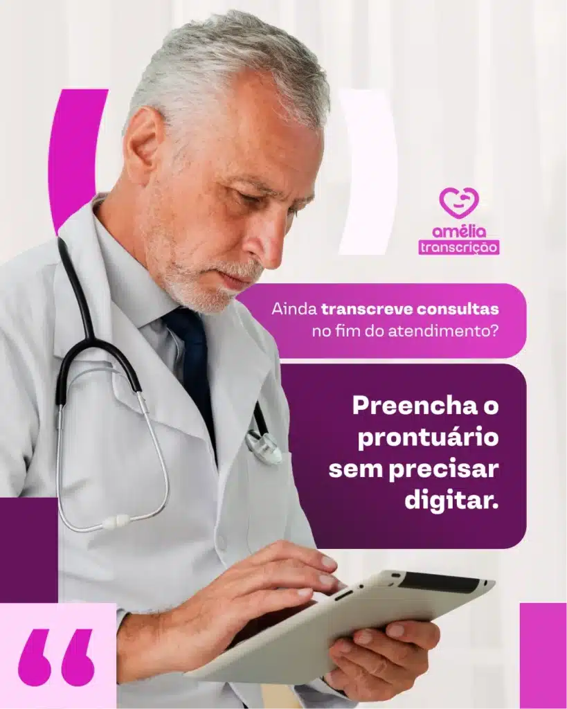 Médico usando tablet em contexto de transcrição médica