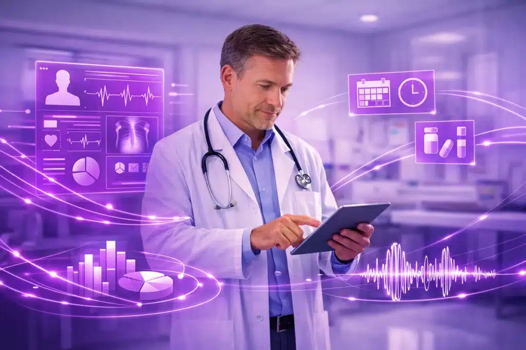 Médico com tablet ilustra aplicações e vantagens da IA para consulta médica