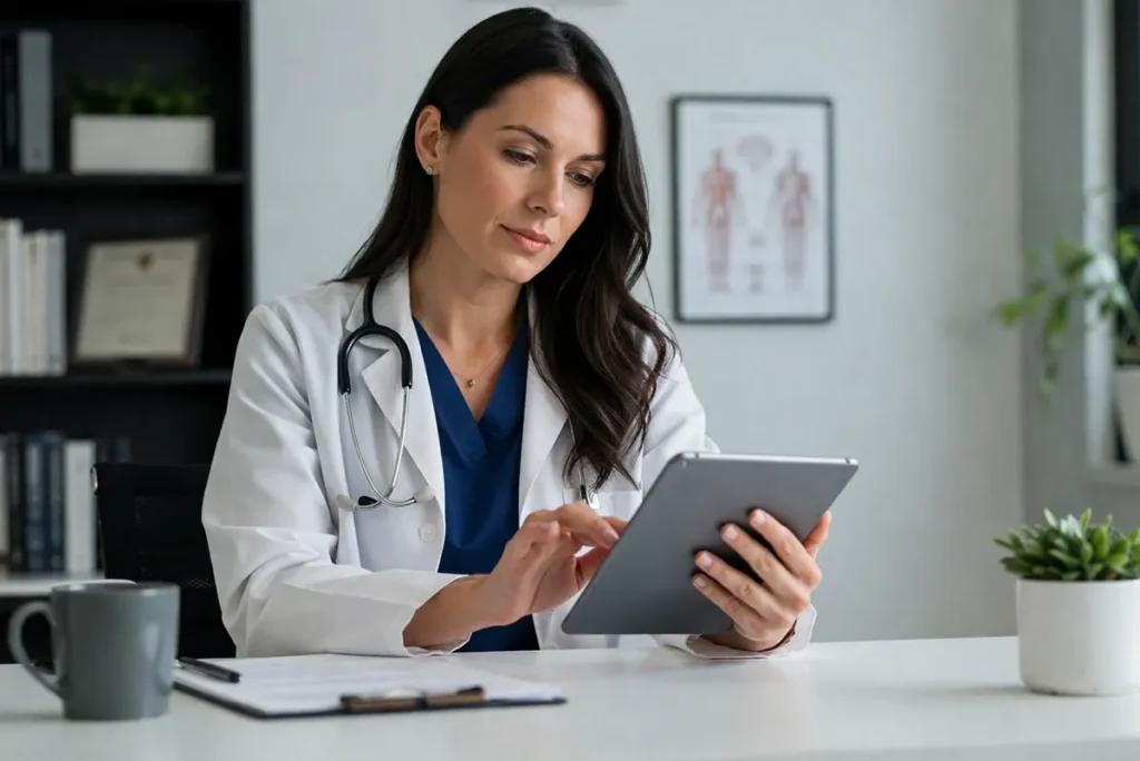 Profissional usa tablet para fazer prescrição com assinatura digital