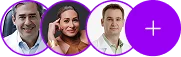 Três retratos circulares de pessoas ao lado de botão roxo com sinal de mais, indicando mais membros ou participantes.